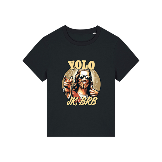 black funny jesus t-shirt with the graphic of jesus in sunglasses and the slogan 'yolo jk brb'