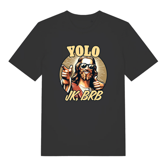 black women's funny graphic t-shirt with a jesus design and the slogan 'yolo, jk brb'
