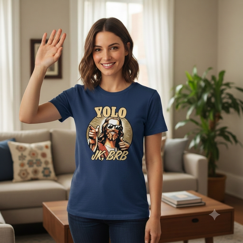 Woman wearing a blue t-shirt with a graphic design in a living room