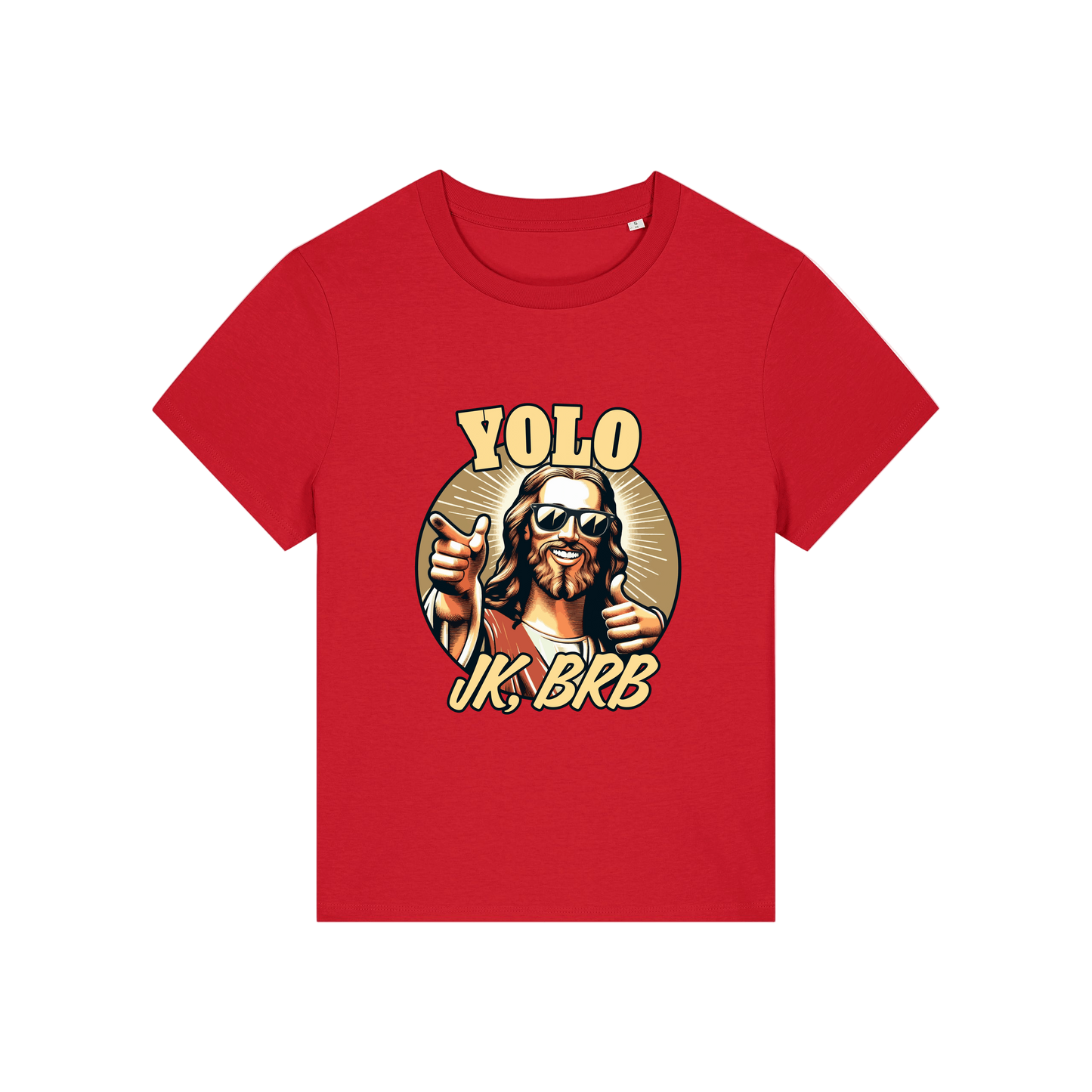 red funny jesus t-shirt with the graphic of jesus in sunglasses and the slogan 'yolo jk brb'