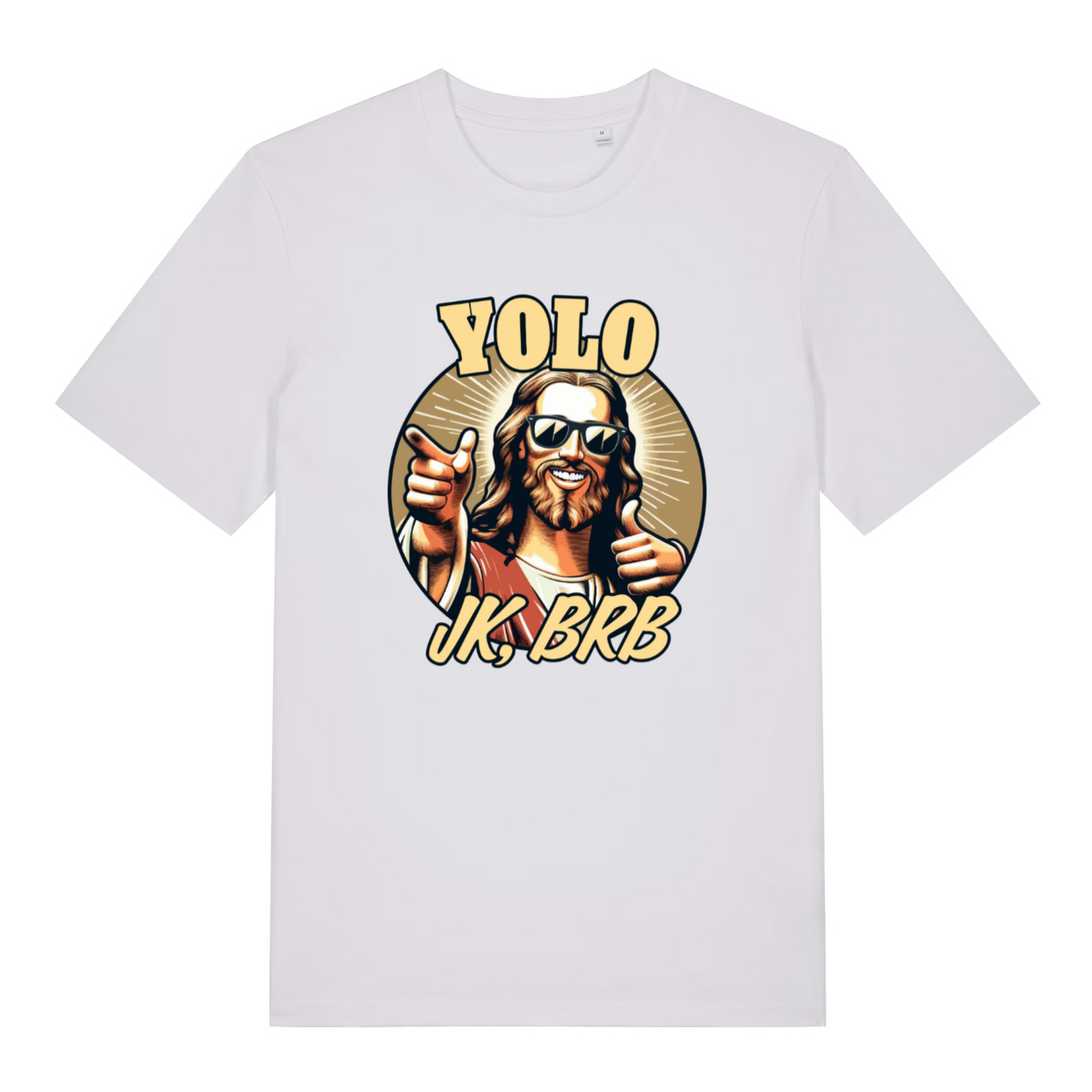 white women's funny graphic t-shirt with a jesus design and the slogan 'yolo, jk brb'