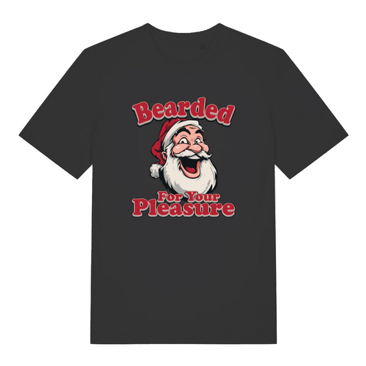 black christmas t-shirt with the graphic of santa and the slogan 'bearded for your pleasure'