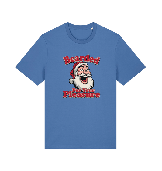 blue christmas t-shirt with the graphic of santa and the slogan 'bearded for your pleasure'