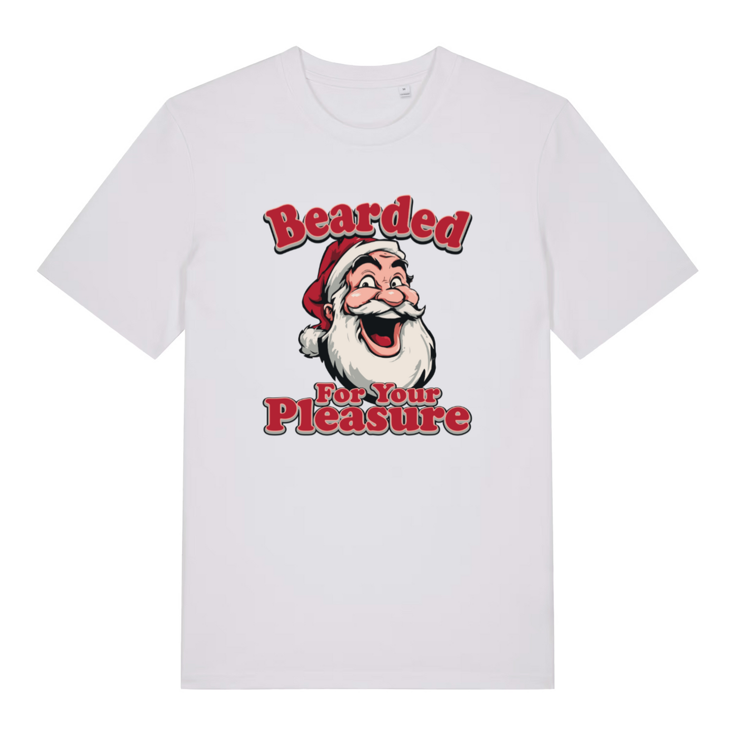 white christmas t-shirt with the graphic of santa and the slogan 'bearded for your pleasure'