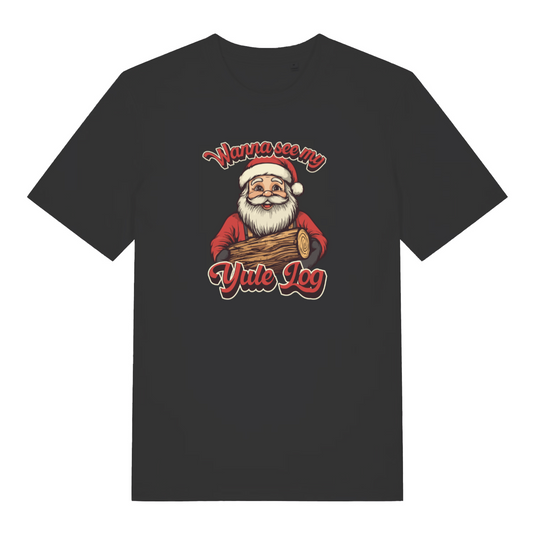 black christmas t-shirt with the graphic of santa and the slogan 'wanna be my yule log'