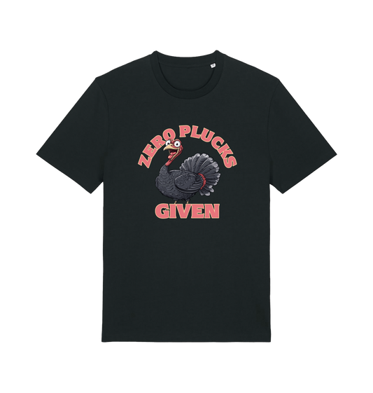 black funny animal t-shirt with the graphic of a turley and the slogan 'zero plucks given'