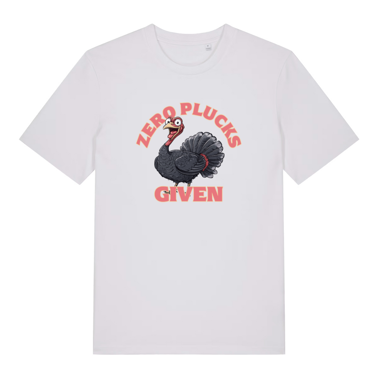 white funny animal t-shirt with the graphic of a turkey and the slogan 'zero plucks given'