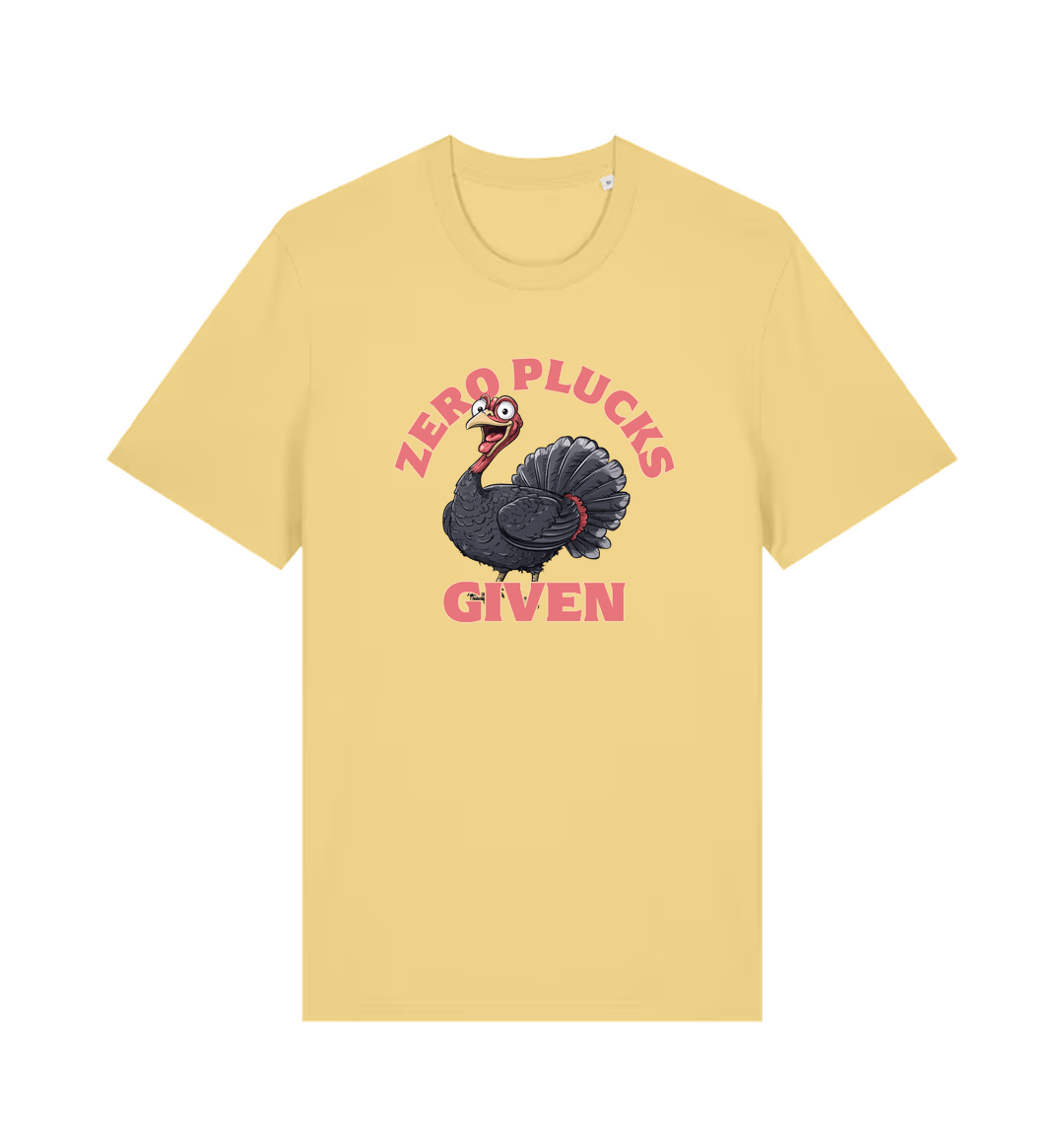 yellow funny animal t-shirt with the graphic of a turley and the slogan 'zero plucks given'
