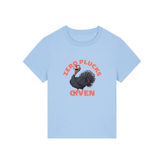 light blue funny animal t-shirt with the graphic of a turkey and the slogan 'zero plucks given'