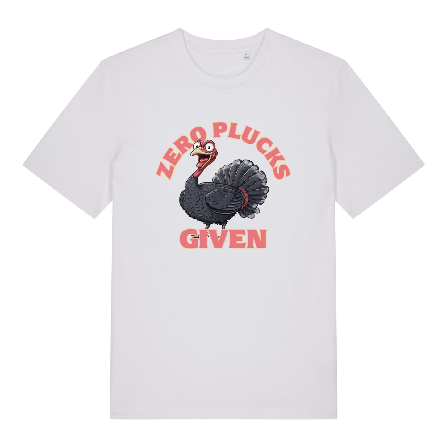 white women's funny animal t-shirt with the graphic of a turkey and the slogan 'zero plucks given'