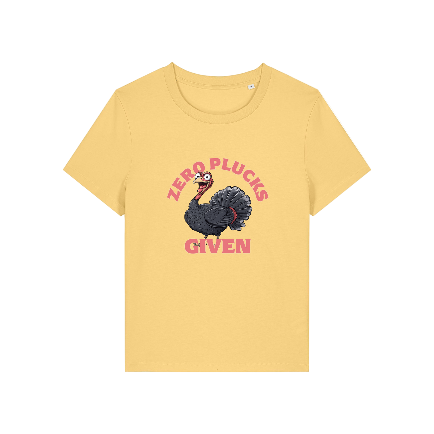 yellow funny animal t-shirt with the graphic of a turkey and the slogan 'zero plucks given'