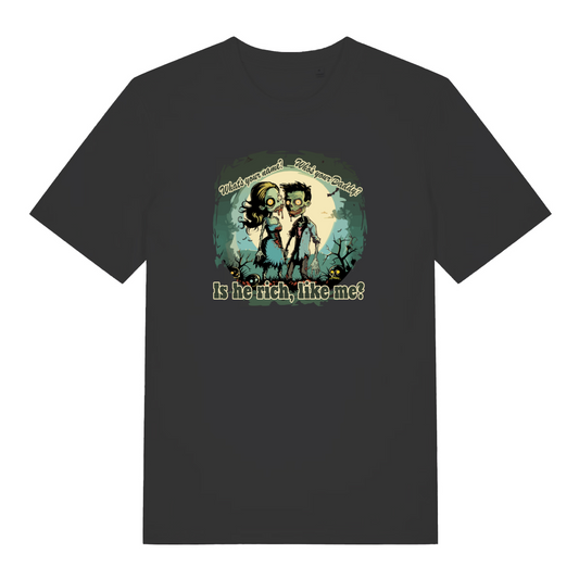 black music t-shirt with the graphic of a male and female zombie and the slgoan 'whats your name? who's your daddy? is he rich like me'