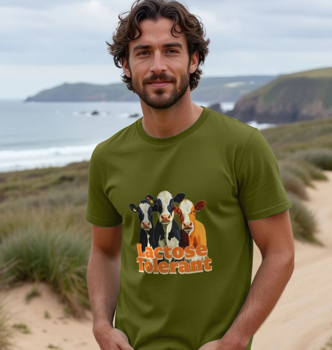 Moss green t-shirt with the graphic of three cows and the words lactose tolerant