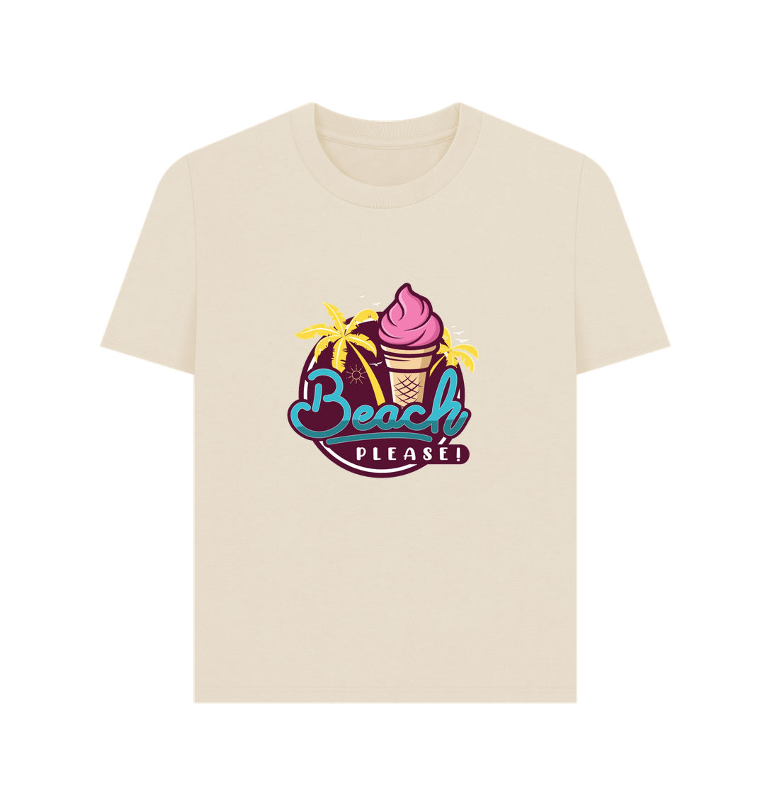 Cream T-shirt with a graphic of an ice cream cone and palm trees, featuring the phrase "Beach Please!" in bold, colourful letters, conveying a playful vibe.