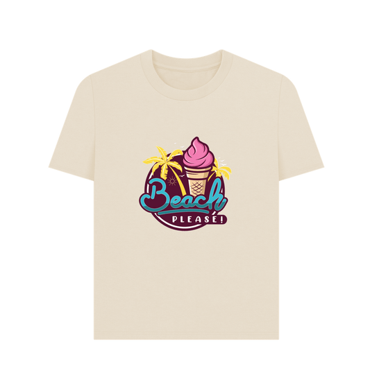 Cream T-shirt with a graphic of an ice cream cone and palm trees, featuring the phrase "Beach Please!" in bold, colourful letters, conveying a playful vibe.