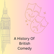 Illustration with comedy and tragedy masks beside Big Ben outline on a pink-yellow gradient background. Text reads 