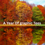 Vibrant autumn trees in red, orange, and green reflect on a calm lake under a blue sky. Bold white text reads, 