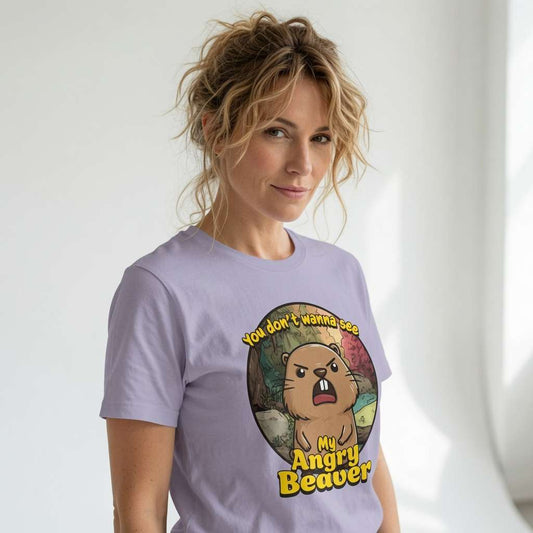 Woman in lilac You Don’t Wanna See My Angry Beaver t-shirt, fun cheeky animal joke gift