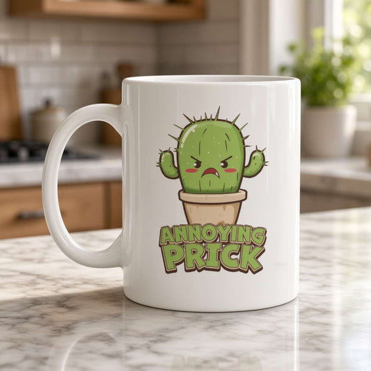 white ceramic mug with a cactus graphic and the text 'annoying prick'