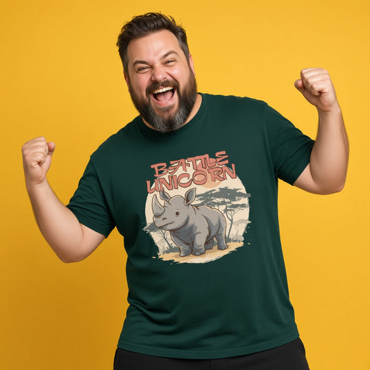 A smiling, bearded man raised his fists in excitement against a yellow background, wearing a dark green t-shirt featuring an illustration of a rhinoceros with the text "BATTLE UNICORN".