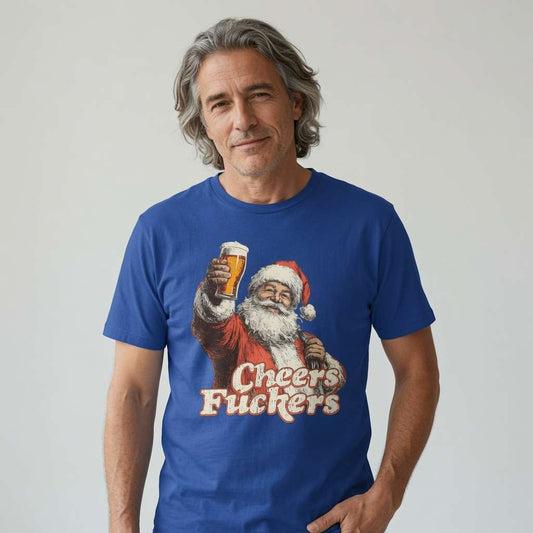 Man in blue Cheers Fuckers Santa tee, rude witty offensive dirty santa xmas pub banter gift