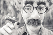A person wearing a fake nose, glasses, and bushy mustache holds a cigar with a playful expression. The image is in black and white.