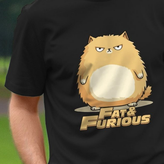 A person wearing a black T-shirt featuring a cartoon of a grumpy, fluffy orange funny cat with "Fat & Furious" text below. Playful and humorous tone.