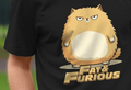 A person wearing a black T-shirt featuring a cartoon of a grumpy, fluffy orange funny cat with "Fat & Furious" text below. Playful and humorous tone.