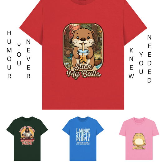 Red T-shirt with a cute otter drinking bubble tea, text "Suck My Balls." Below, three shirts: dark green, blue, and pink, each with humorous designs and text in a playful style.
