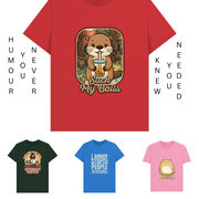 Red T-shirt with a cute otter drinking bubble tea, text 