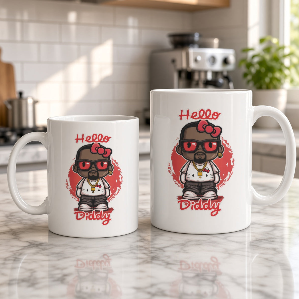 Funny white novelty coffee mug with a satirical celebrity pop-culture cartoon graphic and bold red typography
