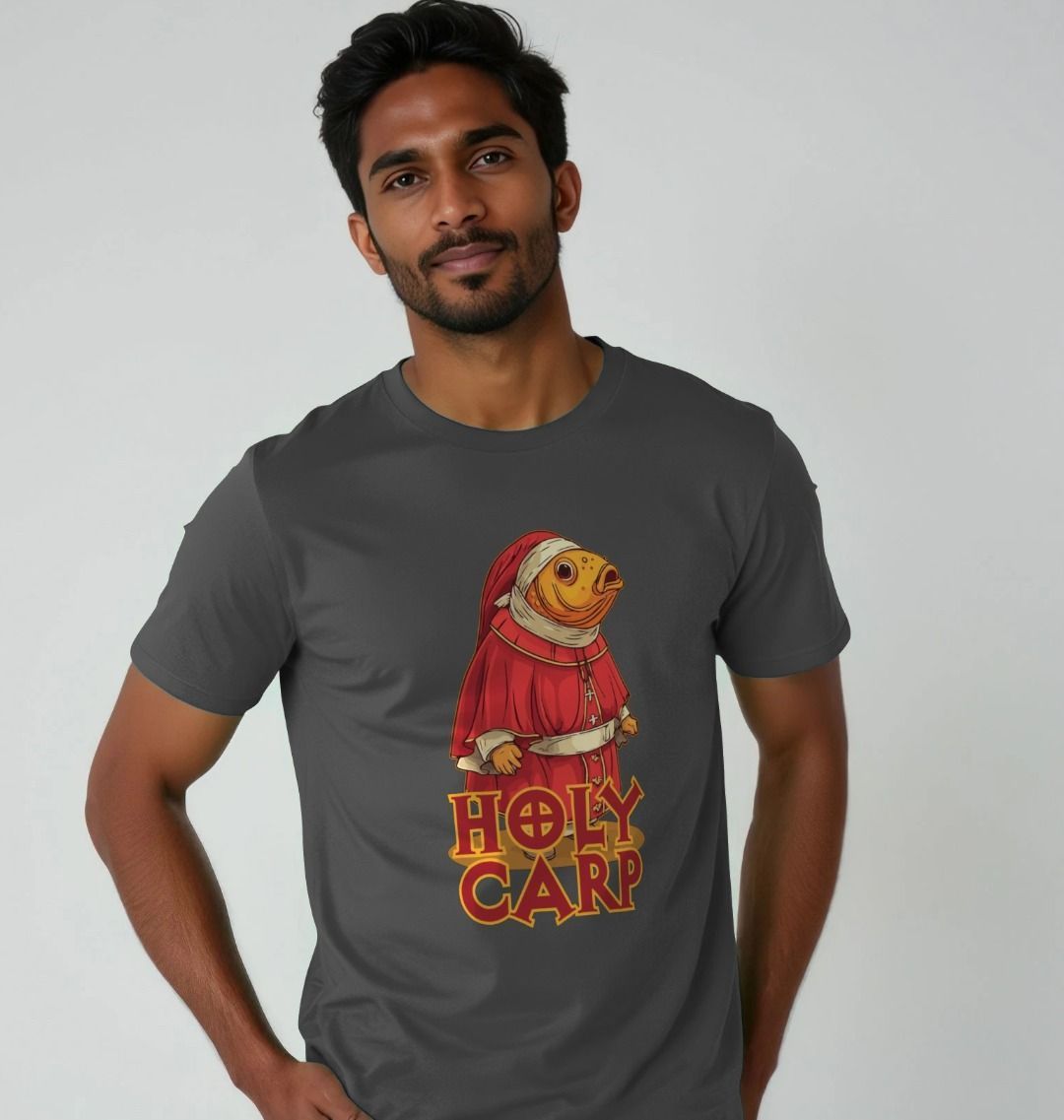 Man in a grey funny graphic t-shirt featuring a cartoon carp wearing a red bishop robe. The words "Holy Carp" are printed below, adding a humorous tone.