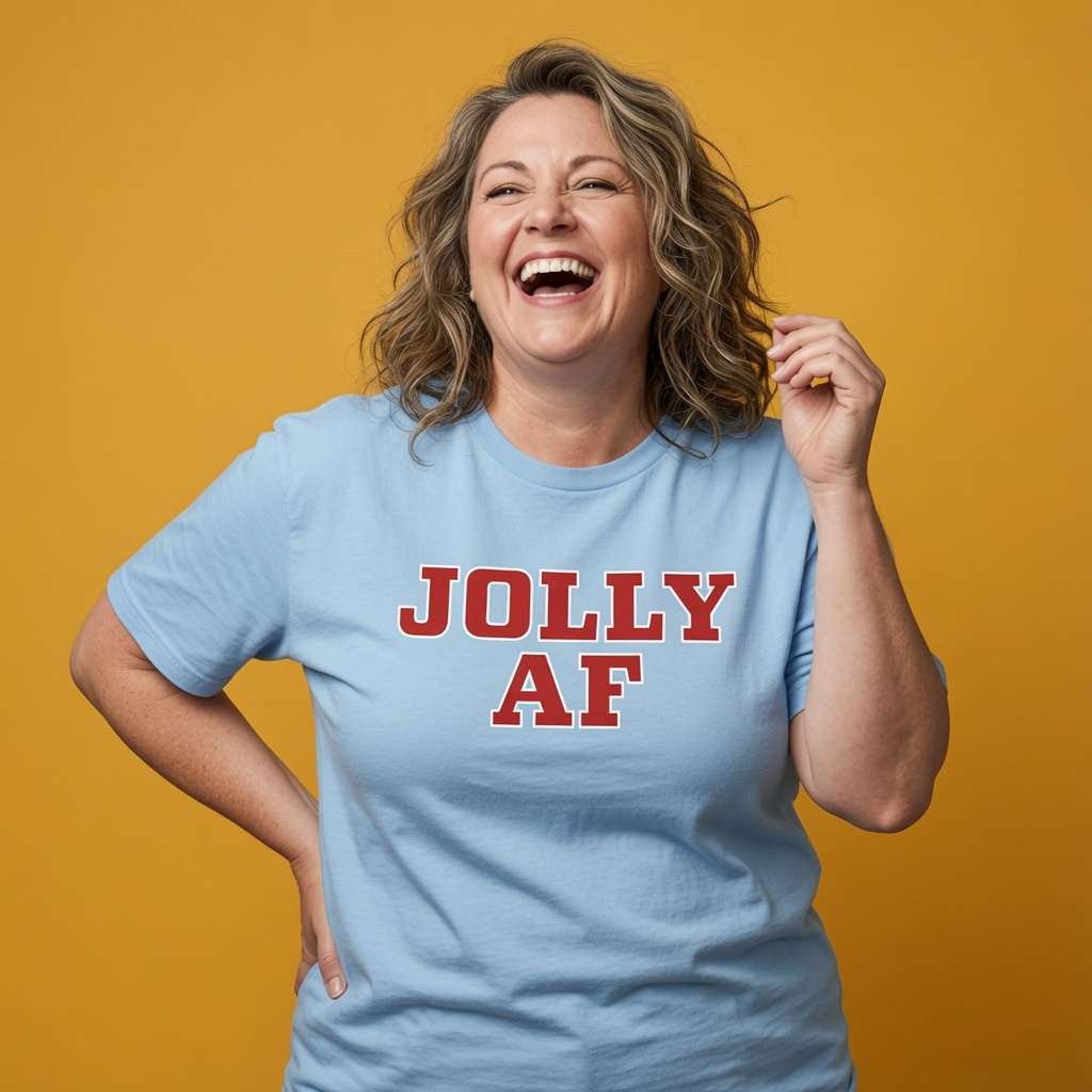 Woman laughing with one hand in her hair while wearing a blue Jolly AF t-shirt, funny ladies Christmas statement design full of pure attitude