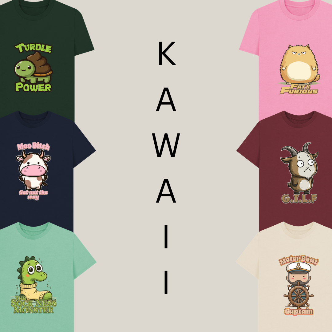Seven cartoon animal-themed T-shirts, each featuring playful graphics and humorous text. The word "Kawaii" is vertically aligned in the centre.