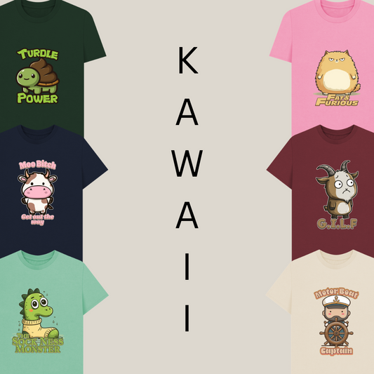 Seven cartoon animal-themed T-shirts, each featuring playful graphics and humorous text. The word "Kawaii" is vertically aligned in the centre.
