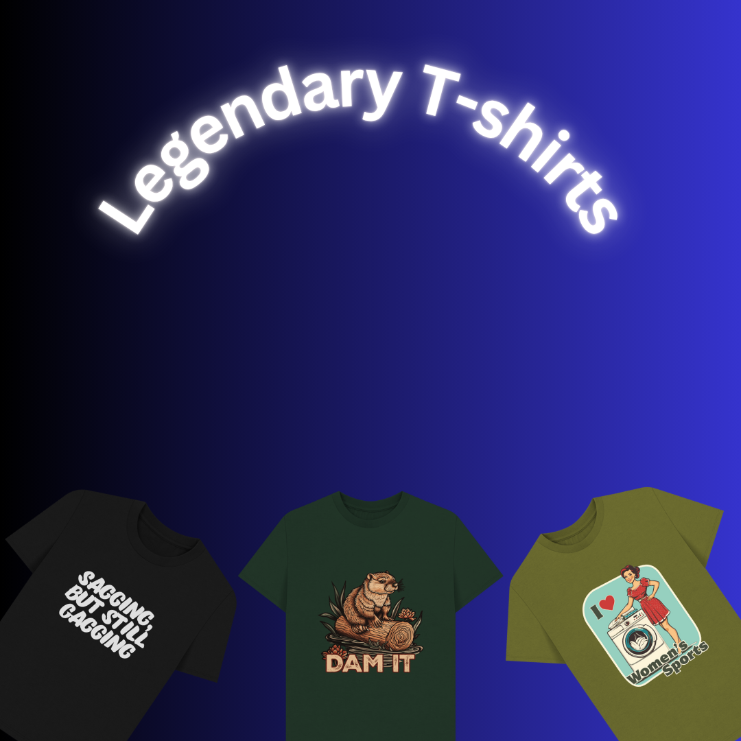 Three t-shirts on a gradient background with the words legendary t-shirts