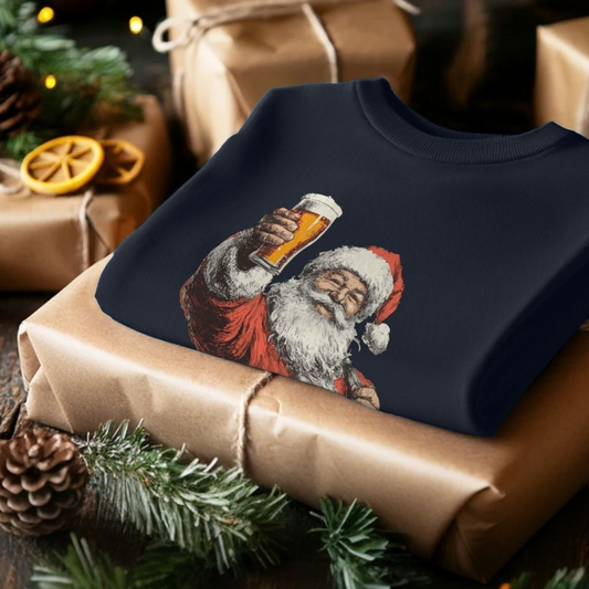 A folded sweater with a print of Santa Claus holding a beer, lies on a wrapped gift. Surrounding pine cones and greenery add a festive touch.