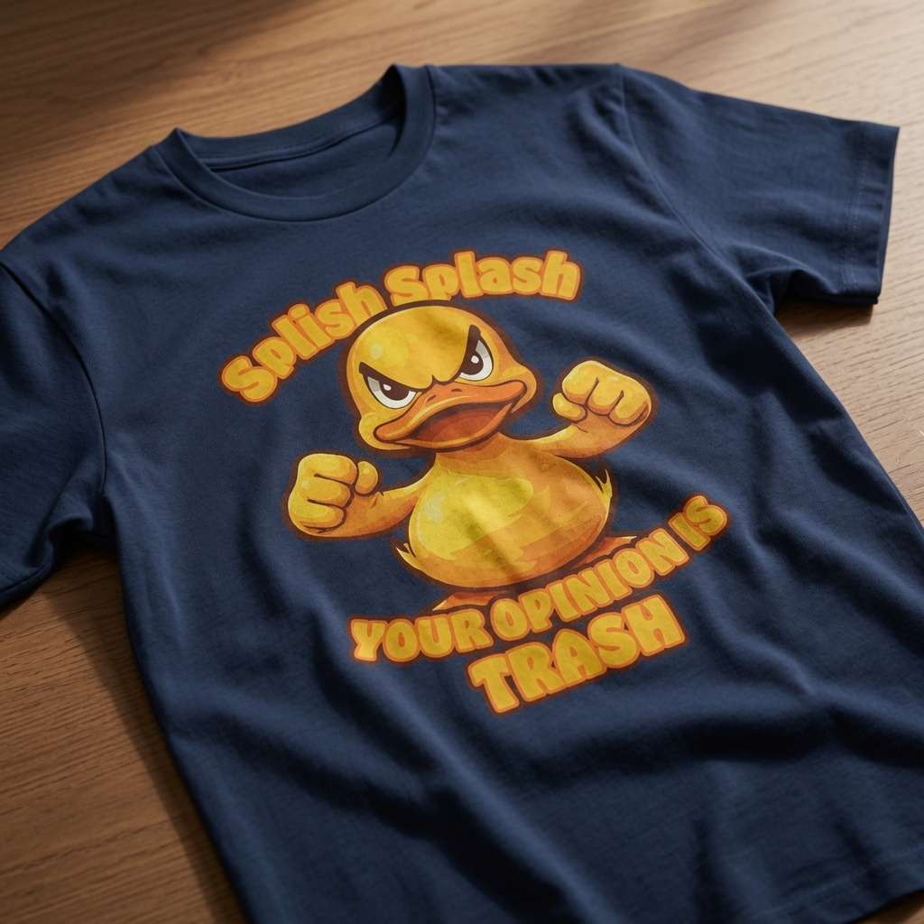 Navy Splish Splash Your Opinion Is Trash t-shirt laid flat on a wooden surface featuring an angry yellow rubber duck flexing its fists, cool mens rude duck graphic