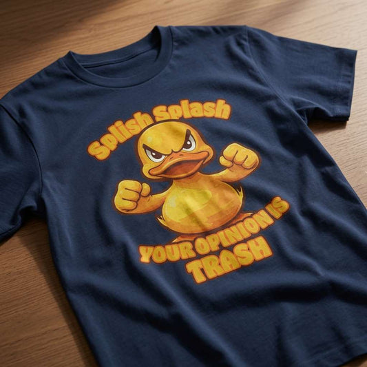 Navy Splish Splash Your Opinion Is Trash t-shirt laid flat on a wooden surface featuring an angry yellow rubber duck flexing its fists, cool mens rude duck graphic