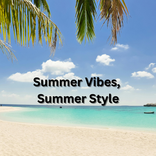 Beach with clear turquoise water, palm fronds above, and text saying "Summer Vibes, Summer Style." The scene is serene and inviting.