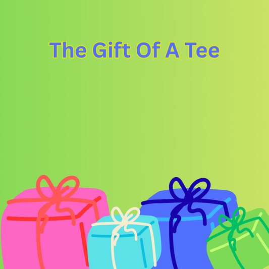 Colourful gift boxes with bows in pink, blue, and green sit below the text "The Gift Of A Tee" on a vibrant green gradient background.