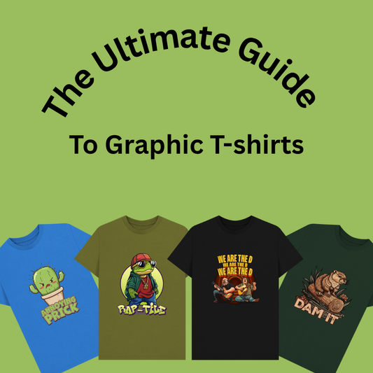 A collection of four colourful graphic T-shirts with playful designs and text. Above them, the title reads "The Ultimate Guide to Graphic T-shirts."