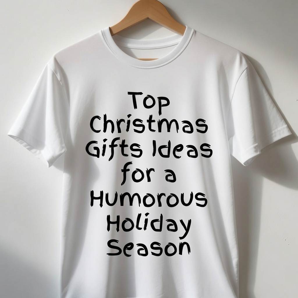 White graphic t-shirt with funny text about Christmas gift ideas hanging on a wall.
