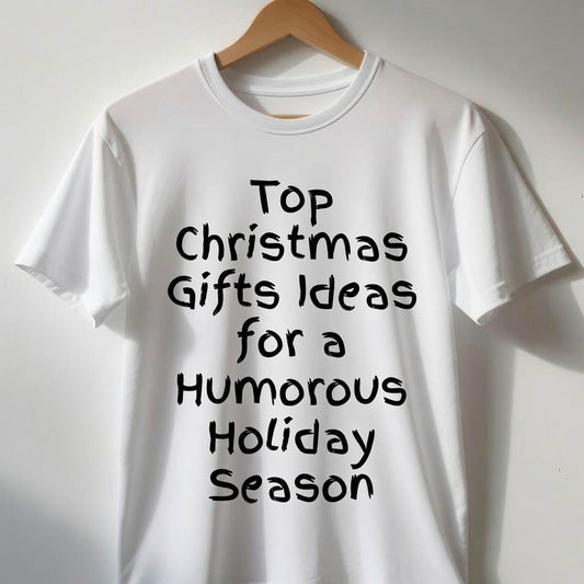White graphic t-shirt with funny text about Christmas gift ideas hanging on a wall.