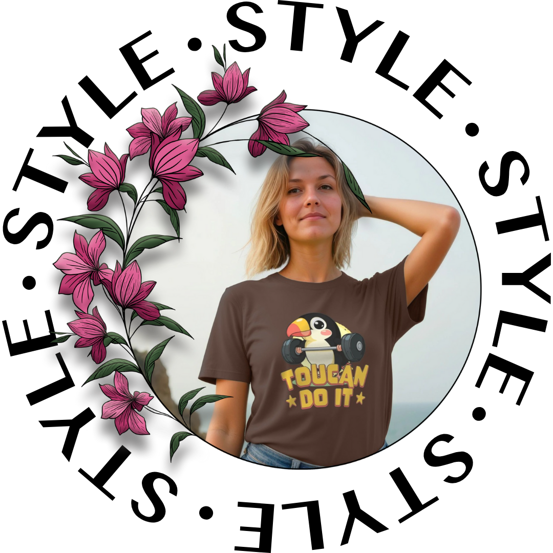 A woman poses confidently in a “Toucan Do It” t-shirt featuring a toucan with dumbbells. Floral border and repeated word "STYLE" create a whimsical frame.