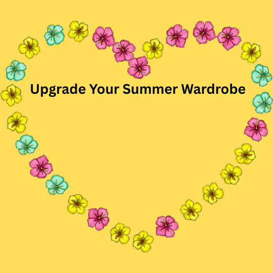 A heart-shaped floral border in pink, yellow, and blue surrounds the text "Upgrade Your Summer Wardrobe" on a bright yellow background.