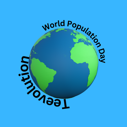 A globe on a blue background with the text "World Population Day" at the top and "Teevolution" inverted at the bottom, symbolizing global awareness.
