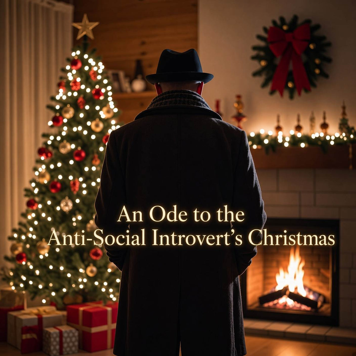 Solitary figure standing in a festive holiday living room, illustrating a cozy, introverted Christmas at home.
