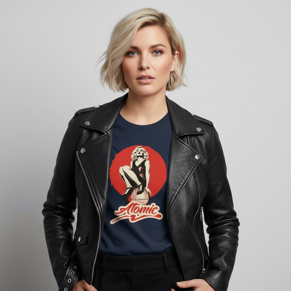 woman wearing a navy music t-shirt with the graphic of a woman and the text 'atomic'
