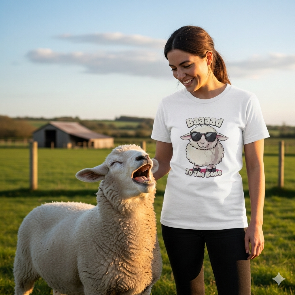 woman stood in a field next to a sheep wearing a white funny animal t-shirt with a sheep graphic